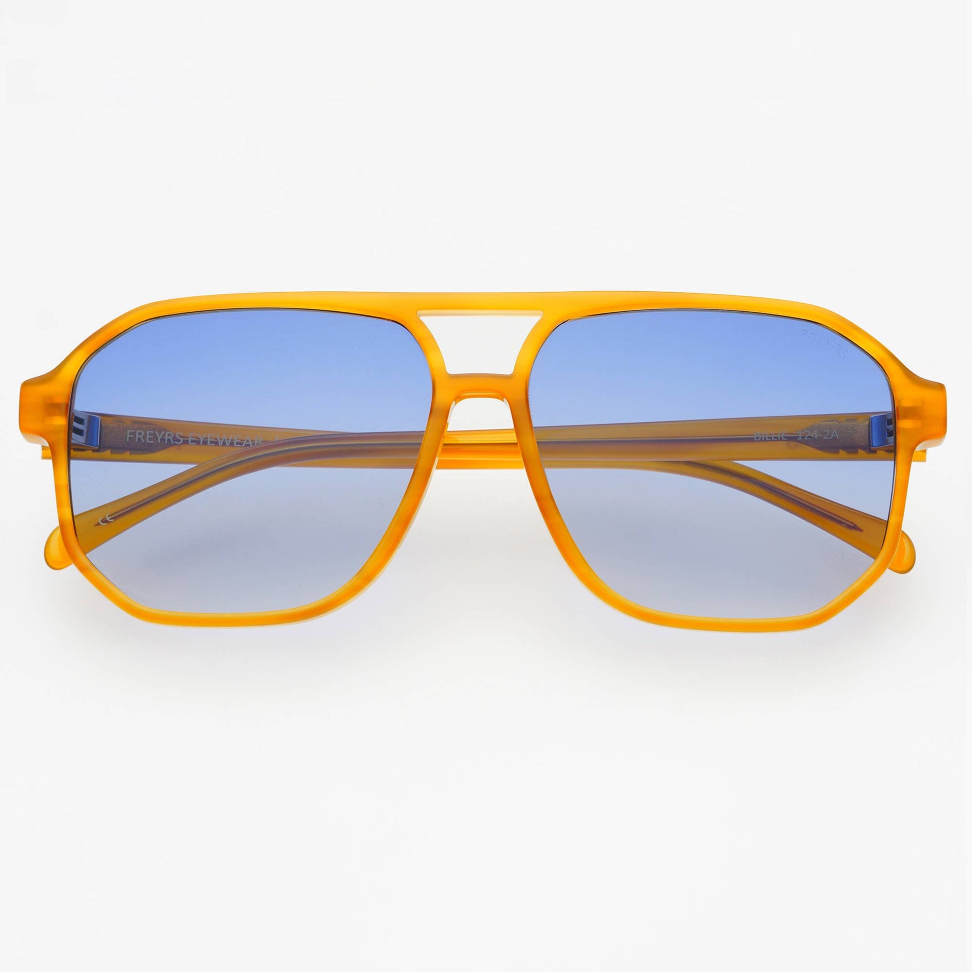 Front view of Billie Mens Aviator Sunglasses with light brown acetate frames and blue-toned lenses.