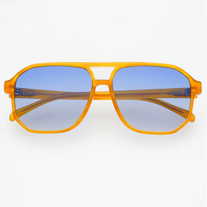 Front view of Billie Mens Aviator Sunglasses with light brown acetate frames and blue-toned lenses.