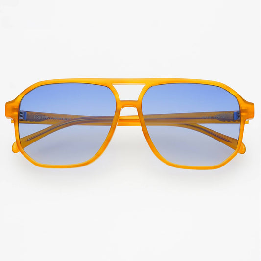 Front view of Billie Mens Aviator Sunglasses with light brown acetate frames and blue-toned lenses.