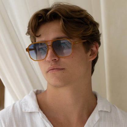 Model wearing Billie Mens Aviator Sunglasses with light brown aviator frames and tinted lenses.