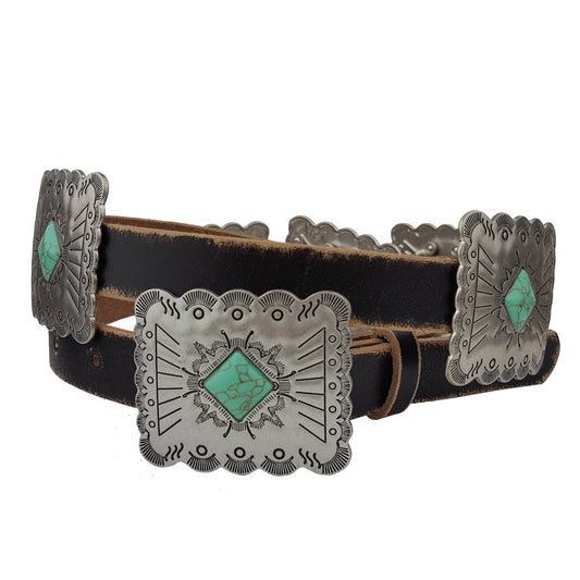 Black distressed leather belt featuring rectangular silver conchos with turquoise stone detailing and matching engraved buckle