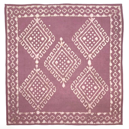 Square mauve pink cotton bandana featuring a hand block printed geometric diamond motif with an ivory decorative border. Crafted from lightweight, ultra-soft cotton using traditional block printing techniques and eco-friendly dyes.