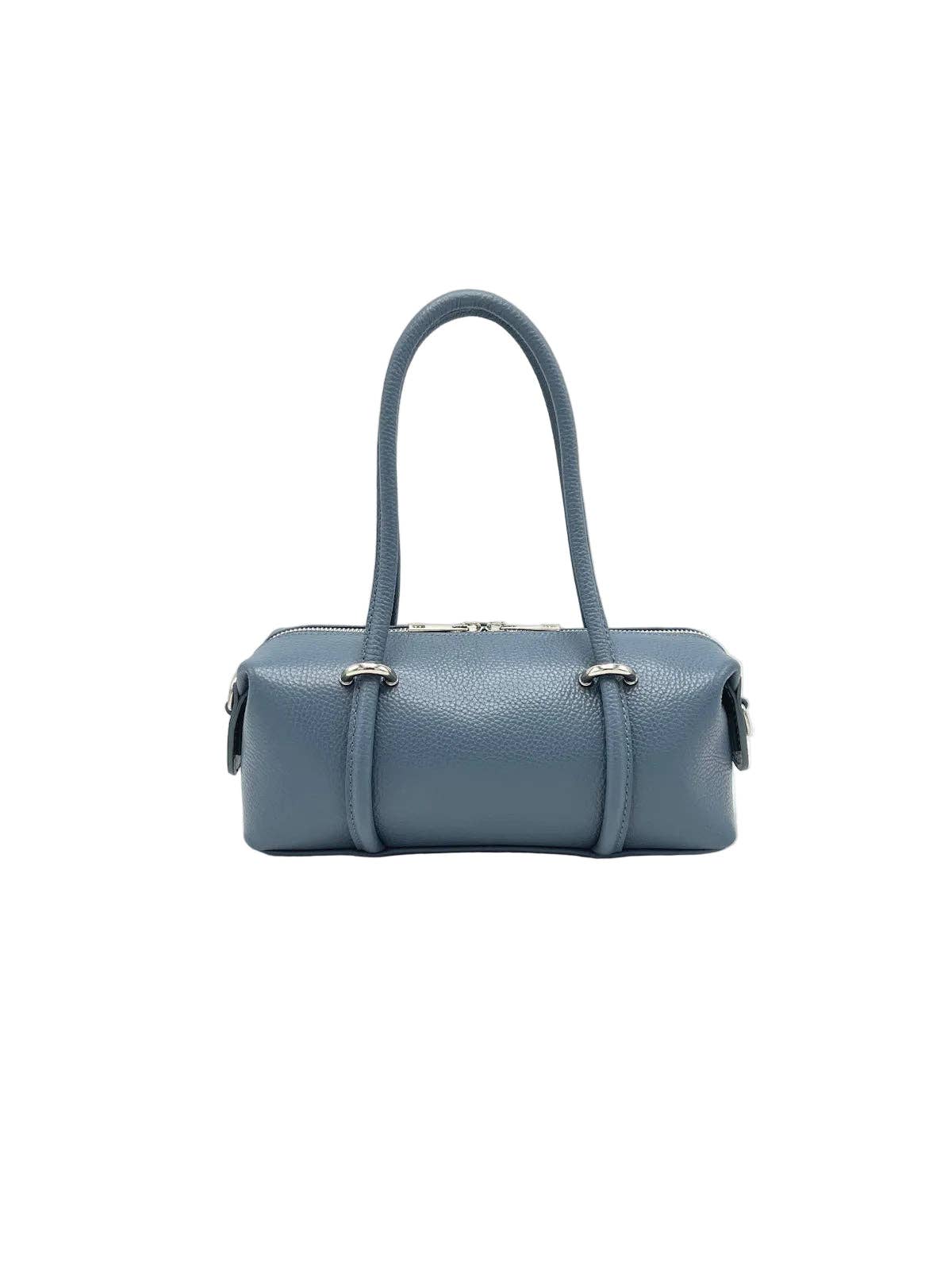 Jean blue genuine leather Boston Bag with double top handles and silver-tone hardware on a white background.