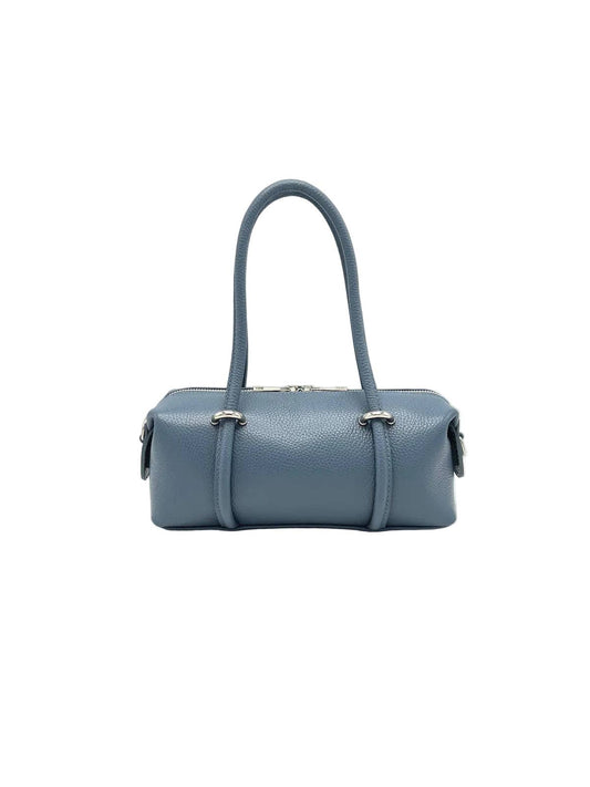 Jean blue genuine leather Boston Bag with double top handles and silver-tone hardware on a white background.