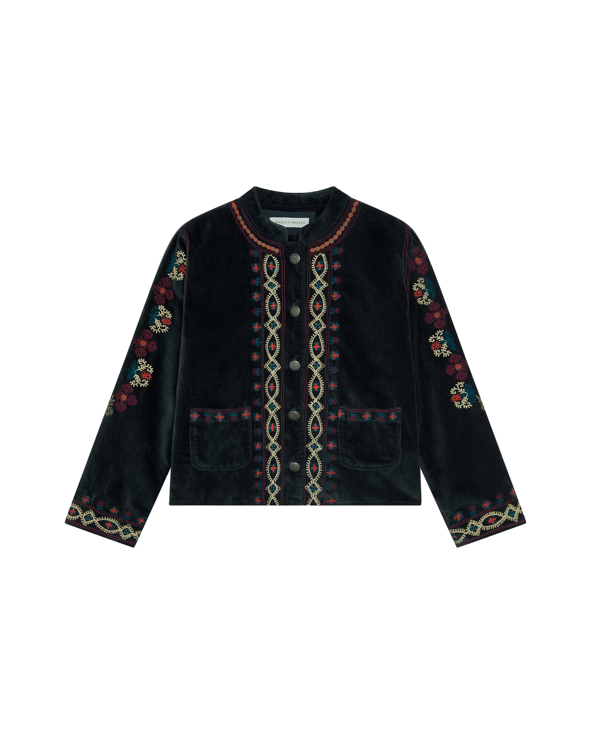 Breton Jacket in cotton velvet featuring intricate floral embroidery, contrast trim, and front patch pockets.