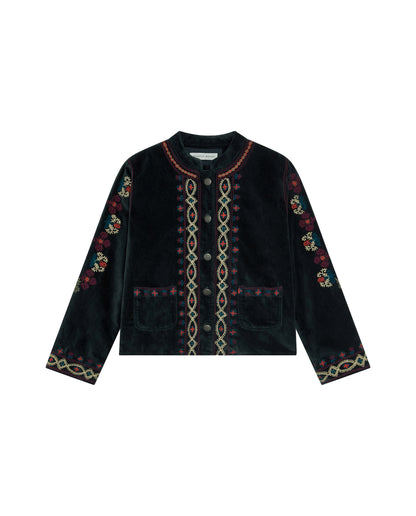 Breton Jacket in cotton velvet featuring intricate floral embroidery, contrast trim, and front patch pockets.