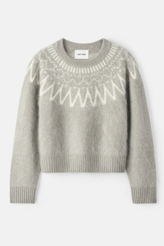 Grey brushed cashmere crewneck sweater with a white Fair Isle jacquard pattern and ribbed trims.
