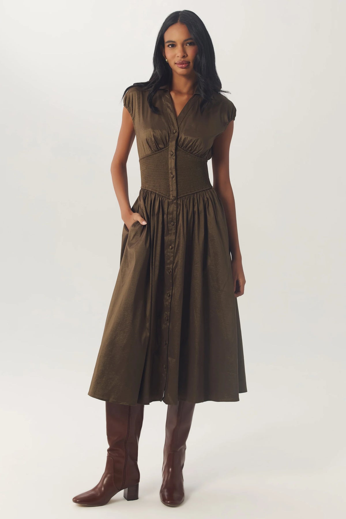 Front view of the Brynny Dress in Olive with a collared neckline, gathered skirt, and side pockets.