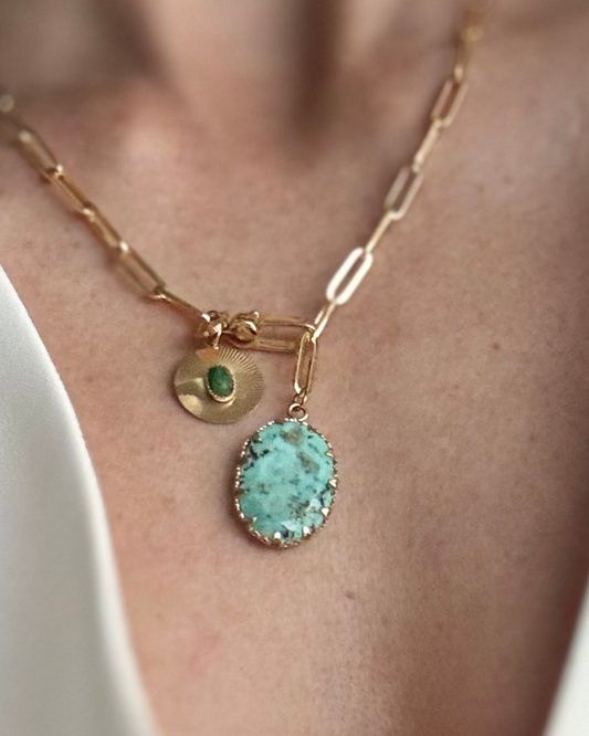 Close-up of CITADEL Aventurine Ruby Zoisite Necklace with gemstone pendants on a 24k gold-filled paperclip chain