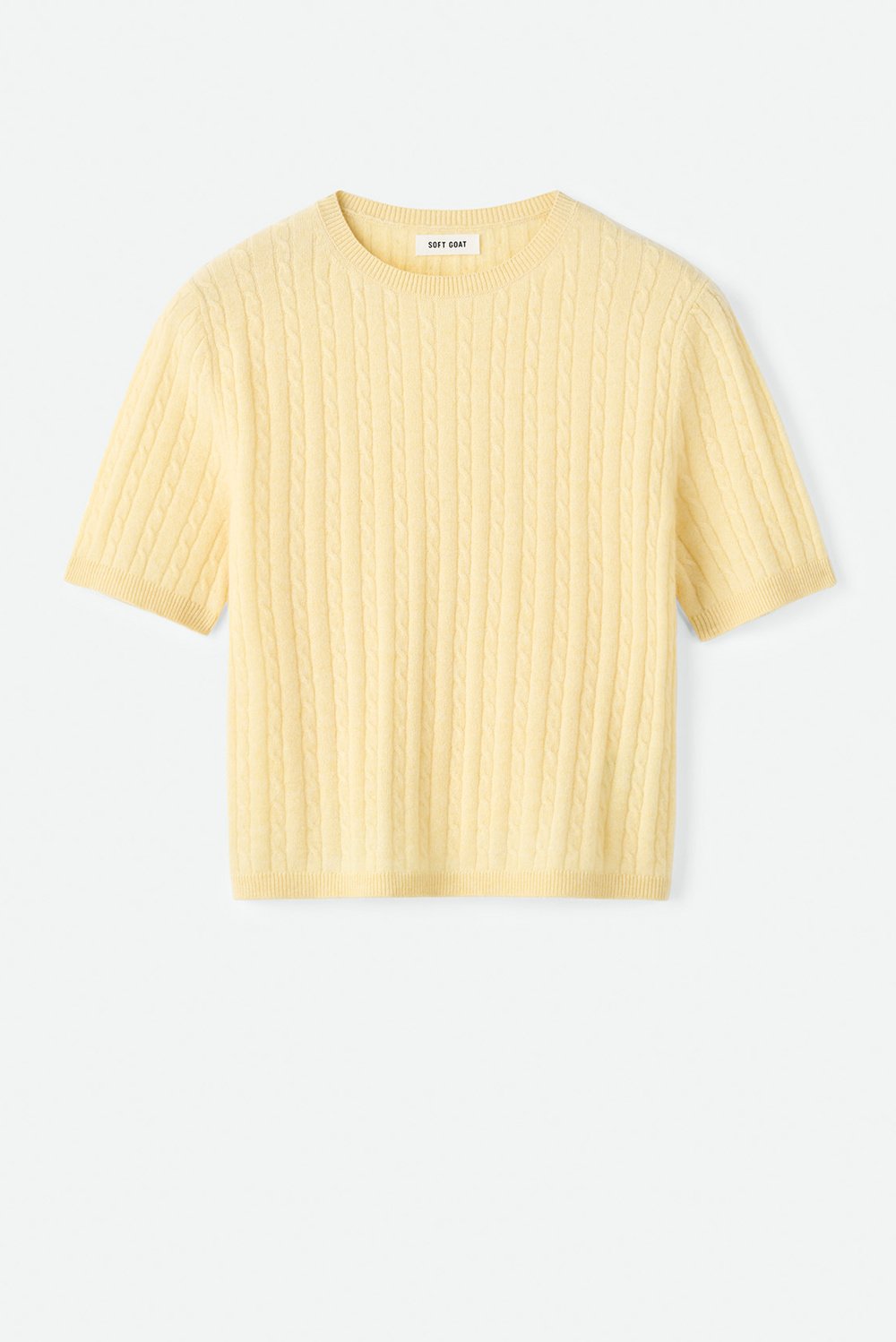 Front product image of the honeydew yellow cable knit cashmere top with crewneck and ribbed hem