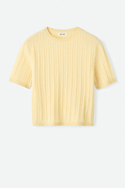 Front product image of the honeydew yellow cable knit cashmere top with crewneck and ribbed hem