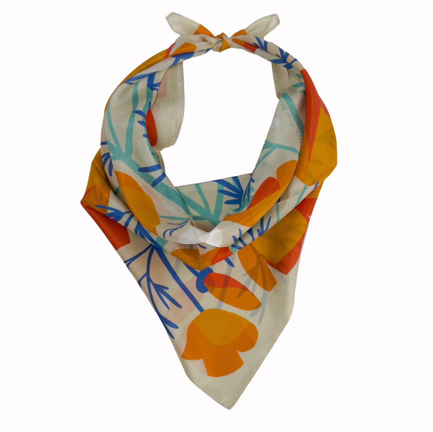 California Poppies silk bandana tied in a classic neck scarf shape on a white background.