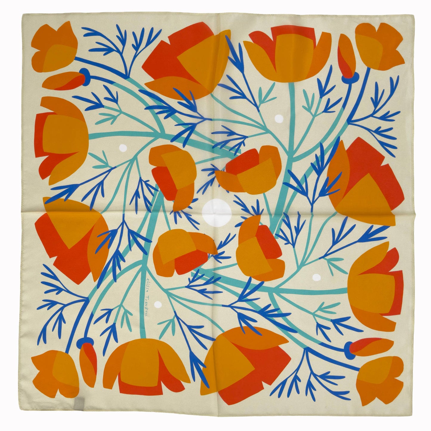 California Poppies 100% silk scarf laid flat, featuring orange poppies with blue and green botanical stems on a warm neutral background.