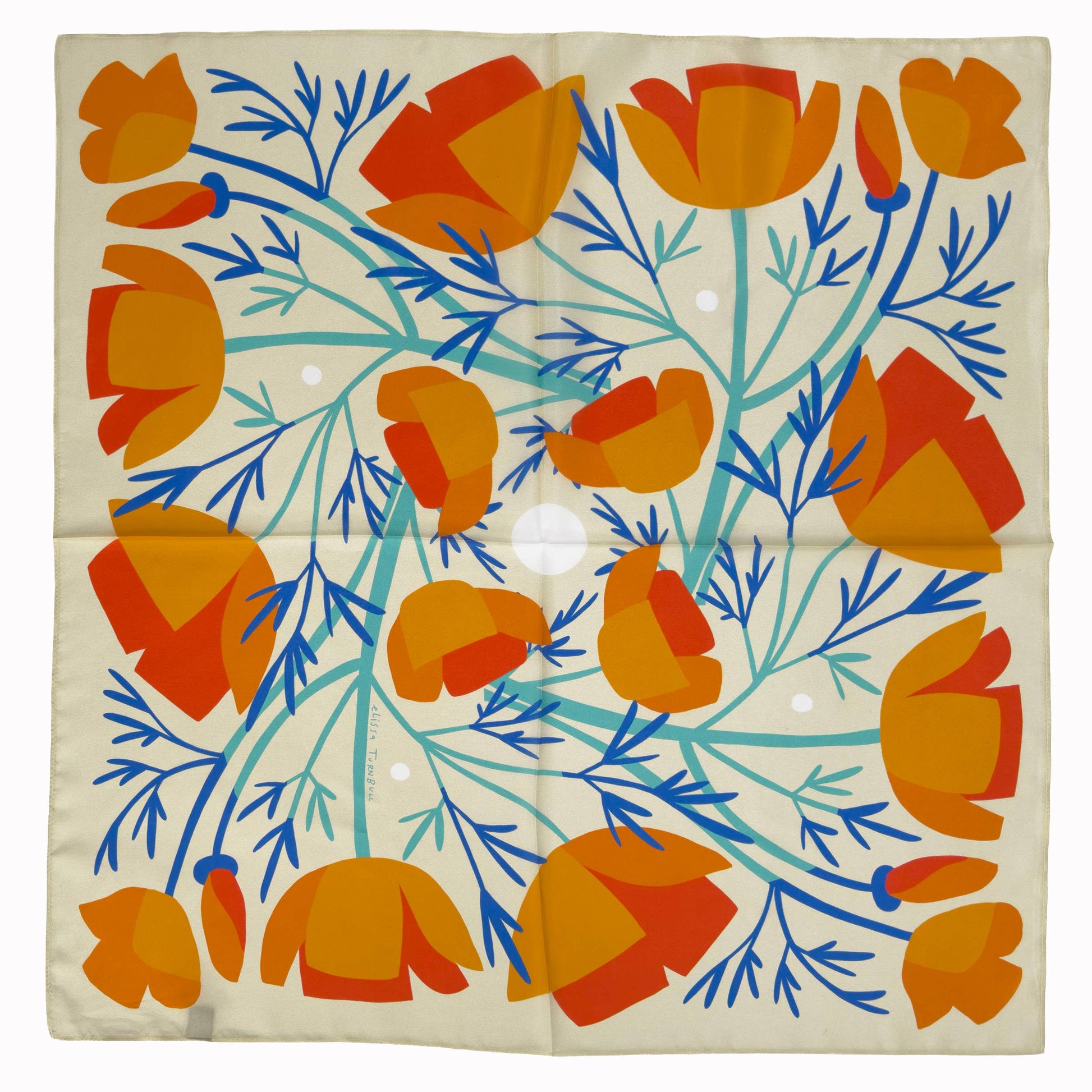 California Poppies 100% silk scarf laid flat, featuring orange poppies with blue and green botanical stems on a warm neutral background.
