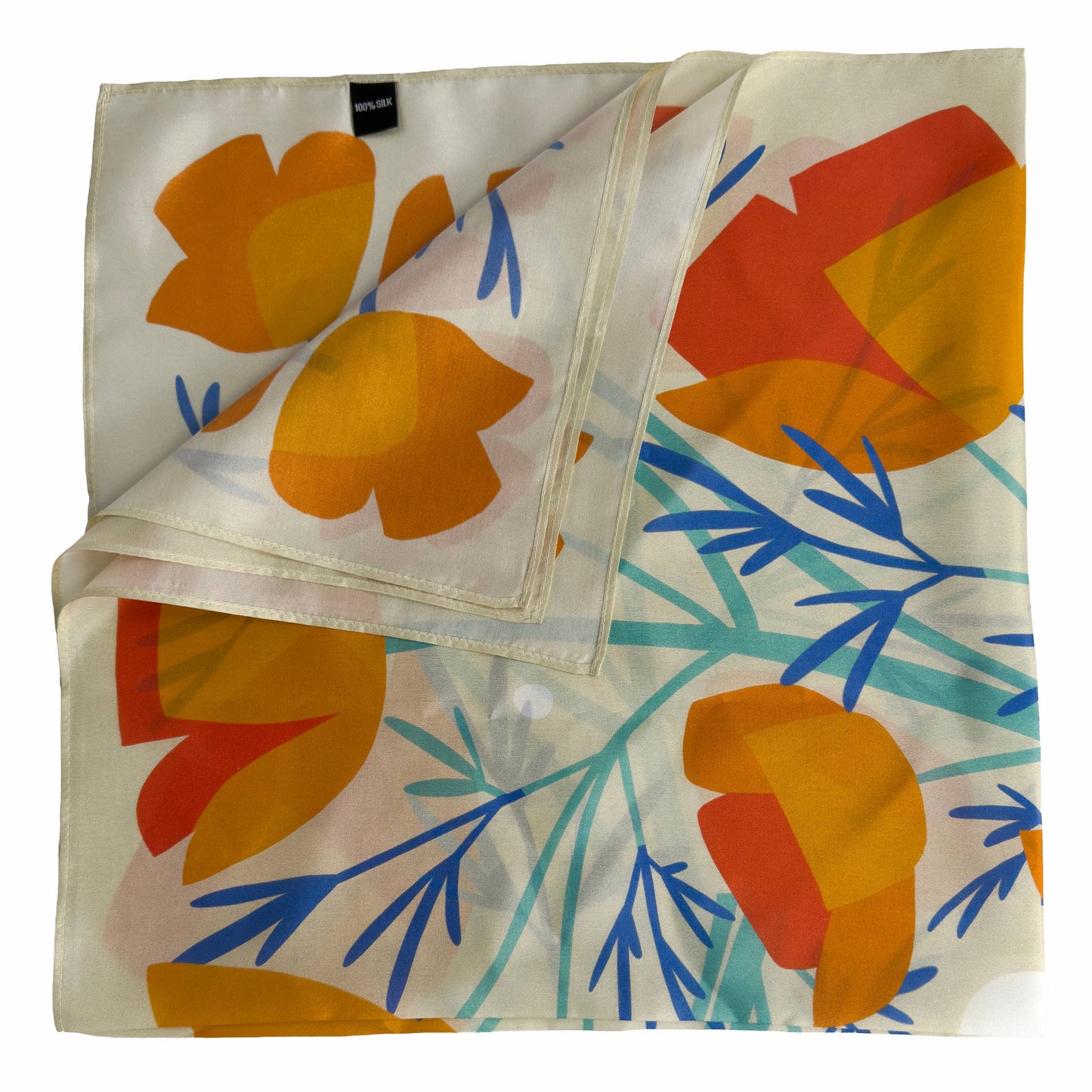 Folded California Poppies silk scarf showing orange floral artwork and blue botanical stems on soft silk.