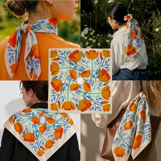 Styling collage showing the California Poppies silk scarf worn around the neck, in the hair, and displayed flat.