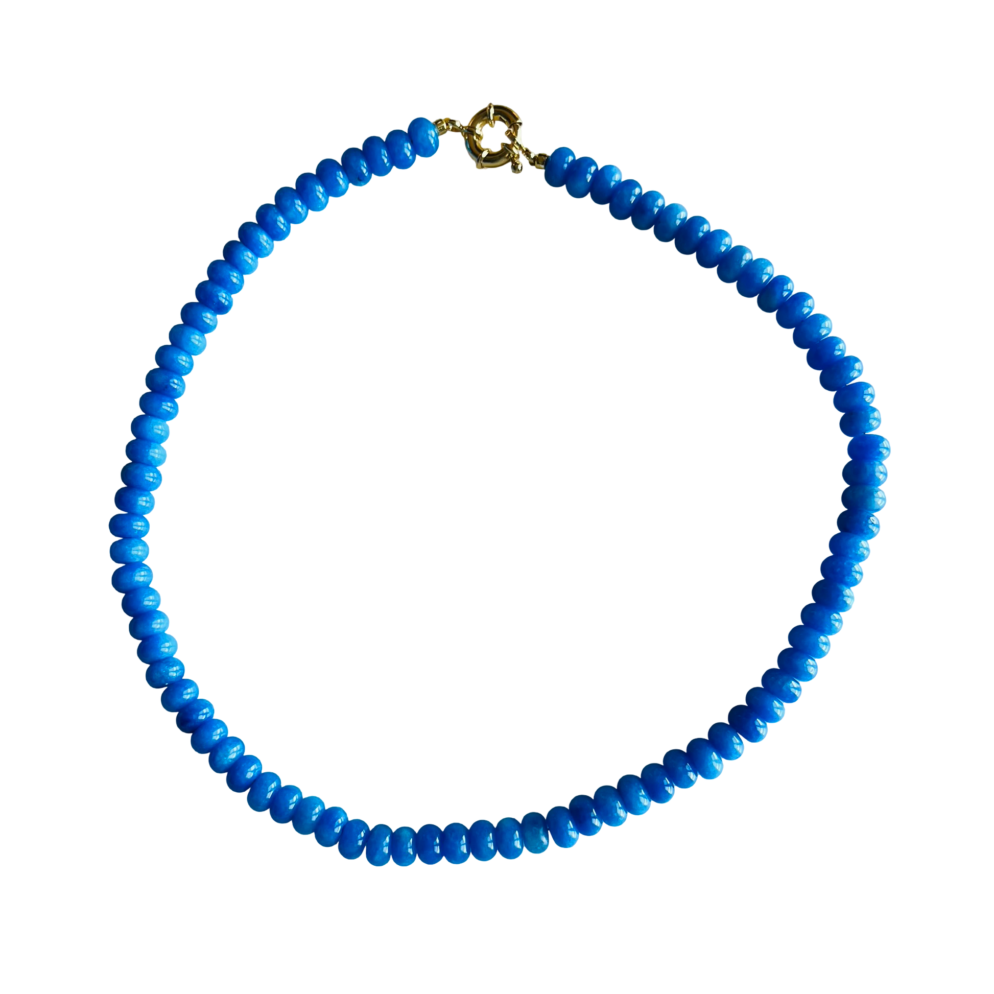 Bright blue gemstone bead necklace with an 18kt gold-plated clasp, handmade in Charleston, South Carolina.