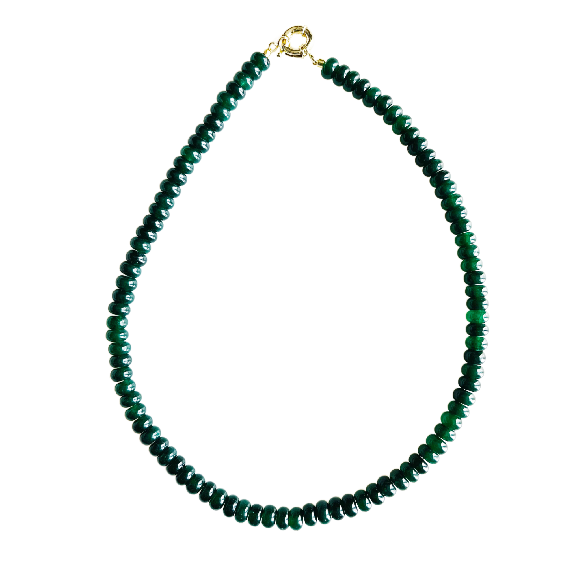 Dark hunter green gemstone bead Candy Necklace with 18kt gold plated clasp on a white background.