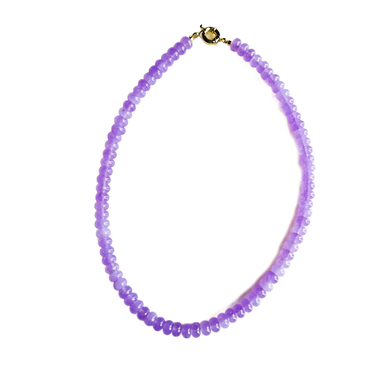 Lilac jade gemstone bead necklace with an 18kt gold-plated clasp, handmade in Charleston, South Carolina.