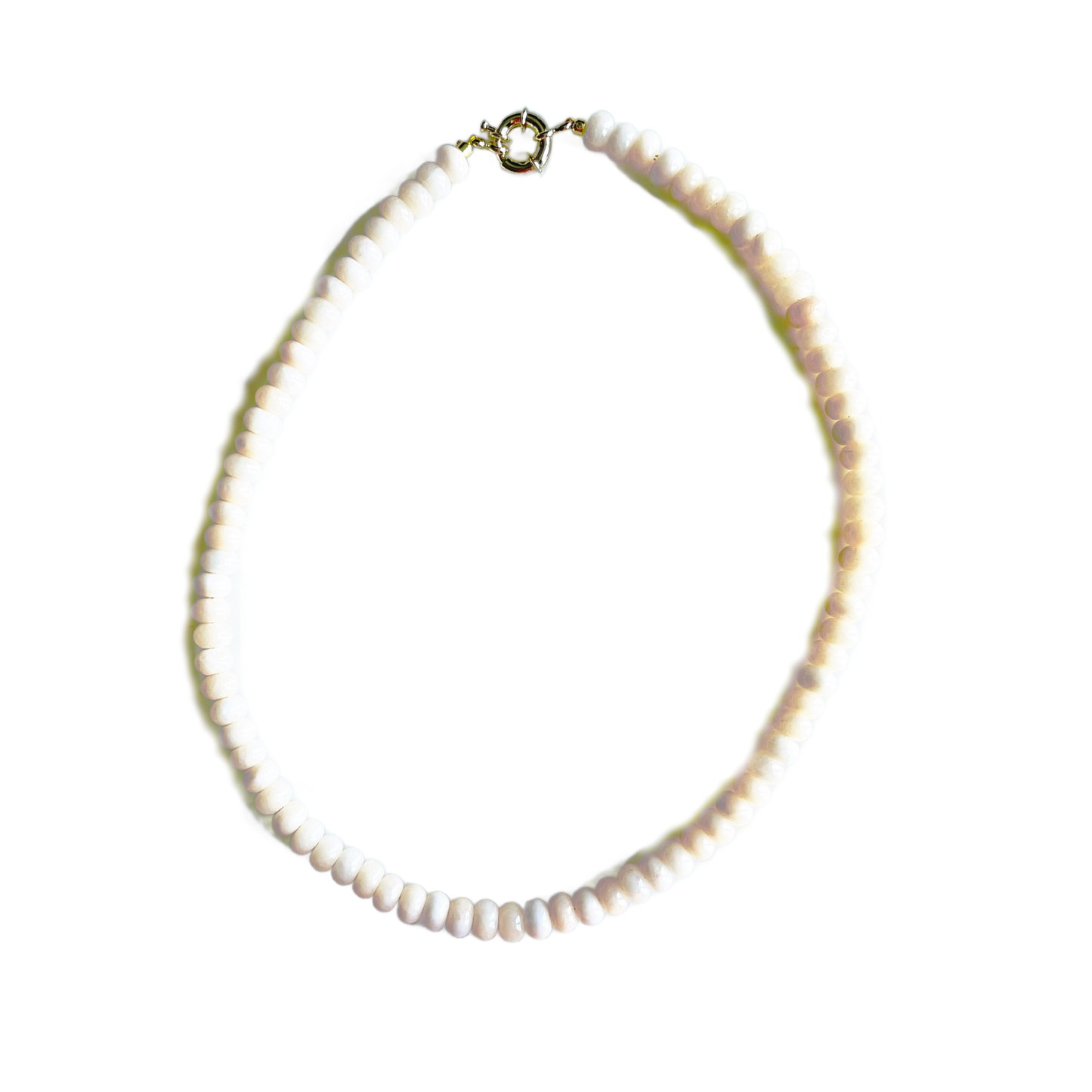Pale peach gemstone beaded necklace with an 18kt gold-plated clasp on a white background.