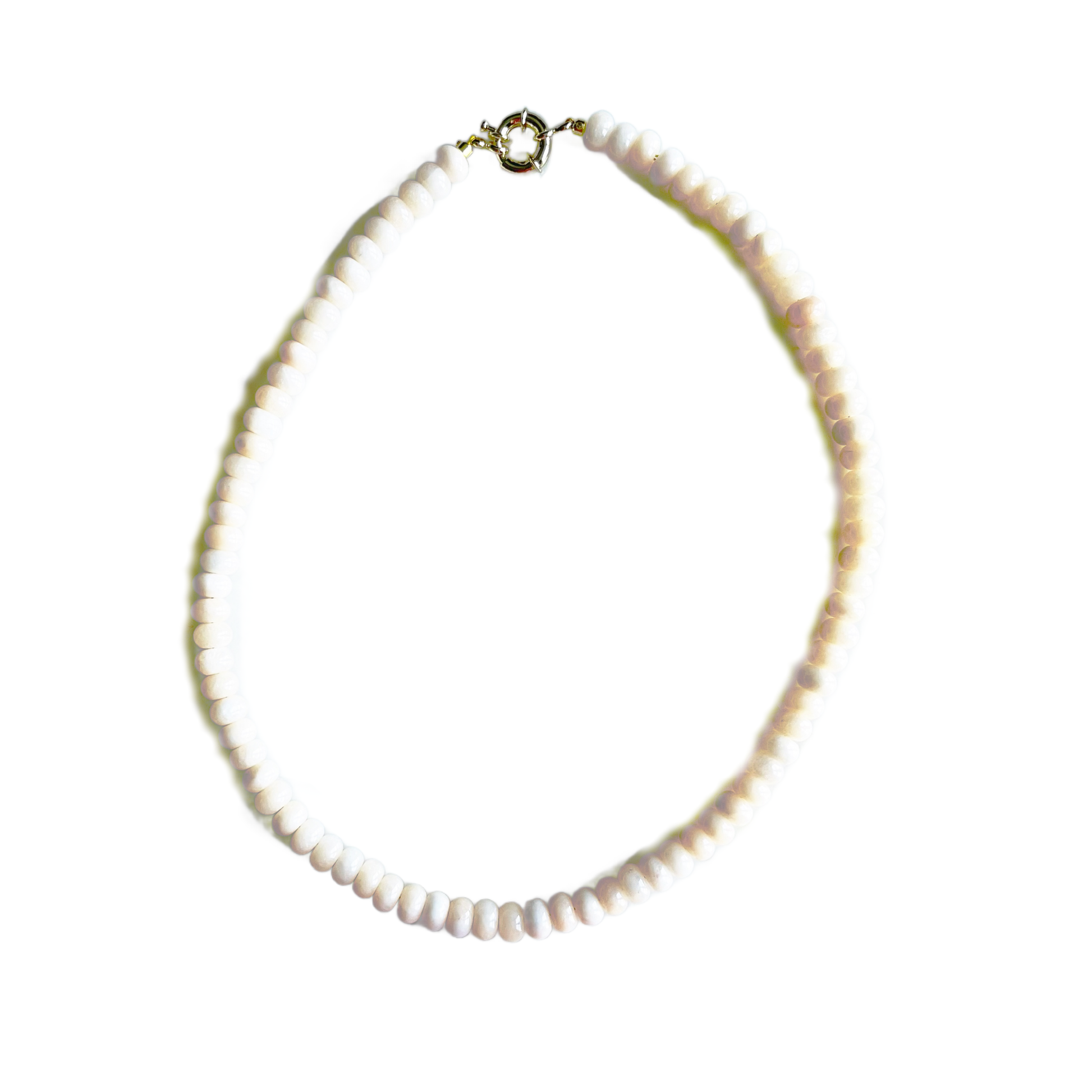 Pale peach gemstone beaded necklace with an 18kt gold-plated clasp on a white background.