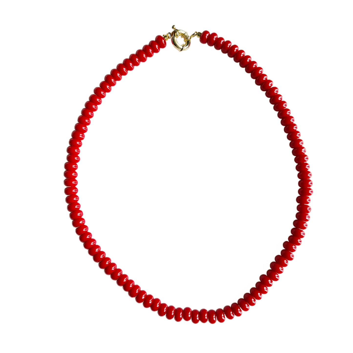 True red gemstone beaded necklace with 18kt gold plated clasp, handmade in Charleston, South Carolina.