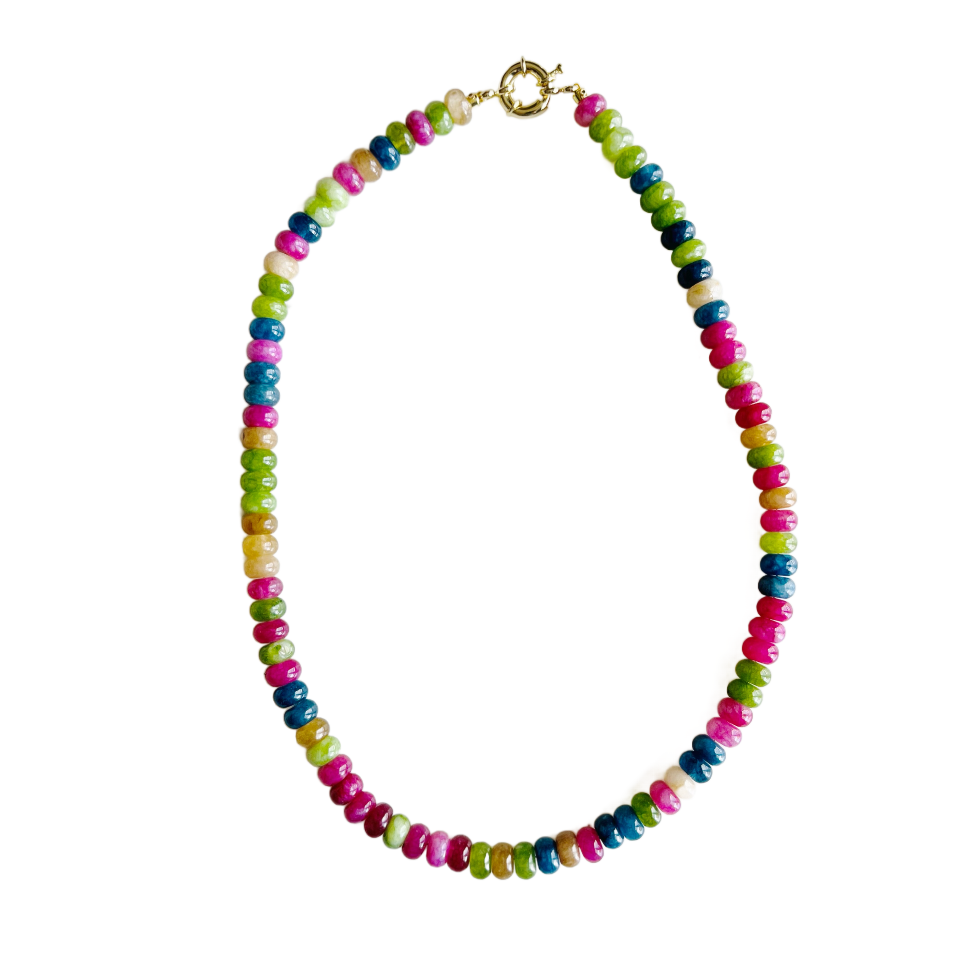 Candy Necklaces: Fall Bright Mix handmade multicolor gemstone beaded necklace with 18kt gold-plated clasp on white background.