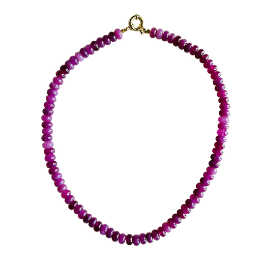Mulberry Jade gemstone bead necklace with an 18kt gold plated clasp on a white background.