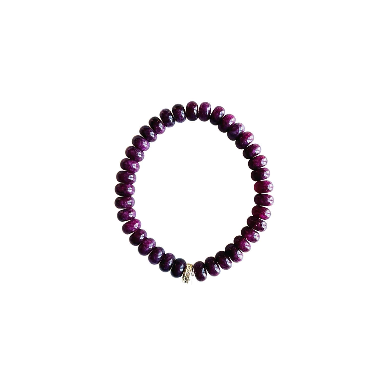 Plum jade beaded stretch bracelet with a pavé gold spacer bead, handmade in Charleston, South Carolina.