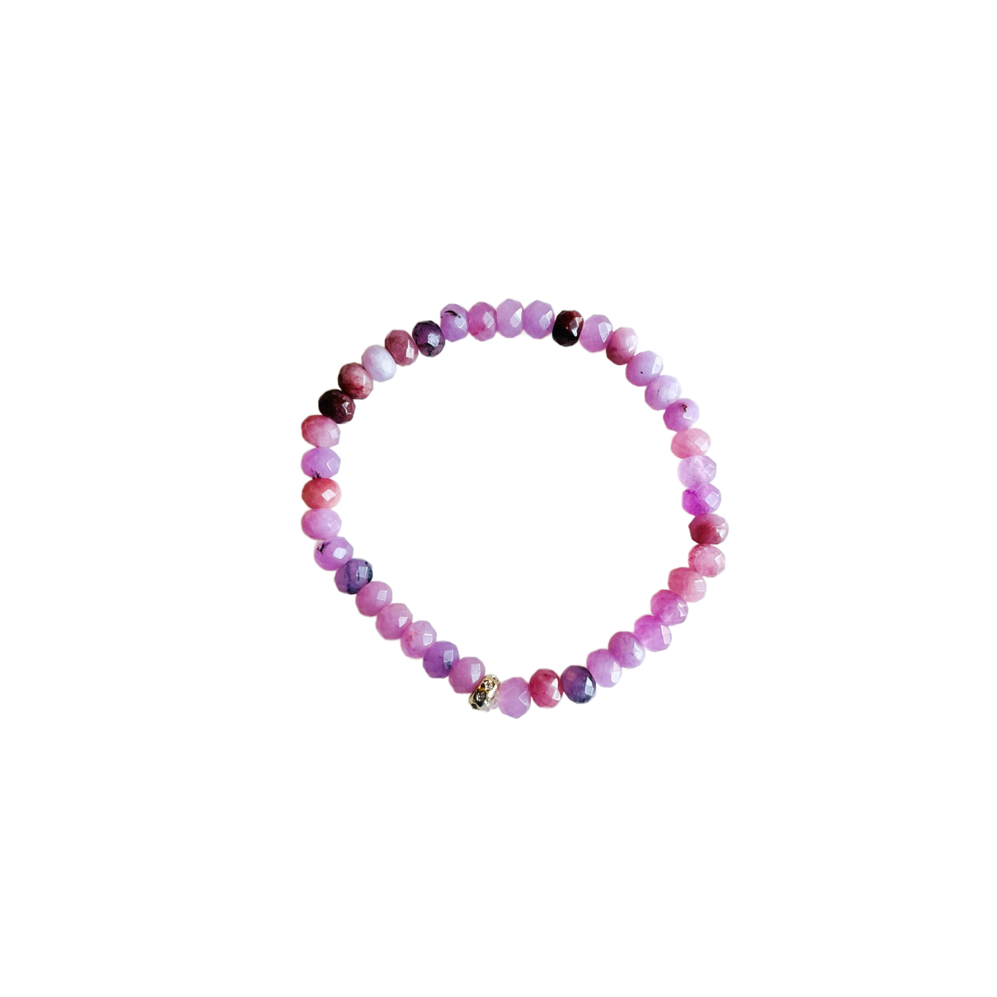 Purple quartz stretch bracelet with faceted gemstone beads and a pavé spacer bead on a white background.