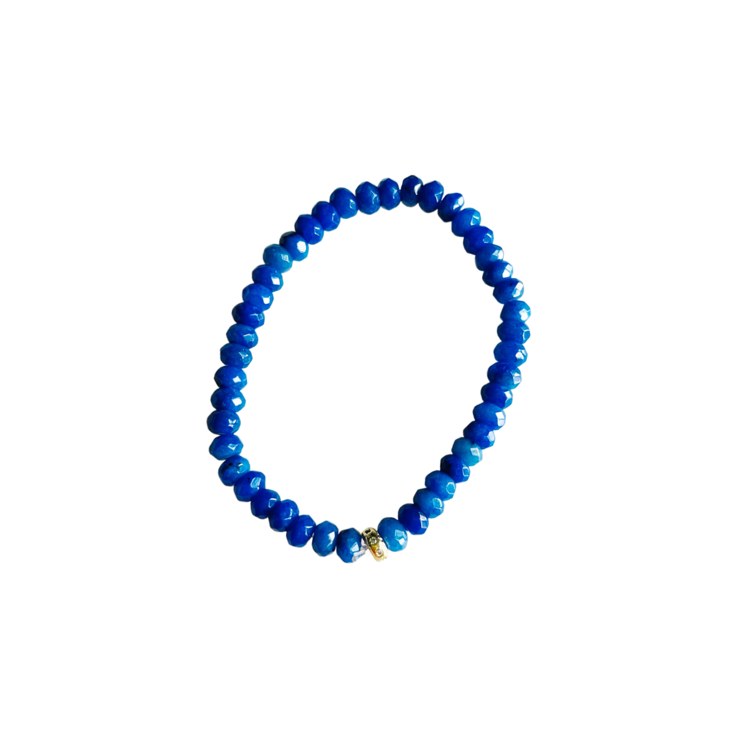 Candy Stretch Bracelet in Malaysia Jade featuring bright blue jade beads and a pavé spacer bead on a white background.