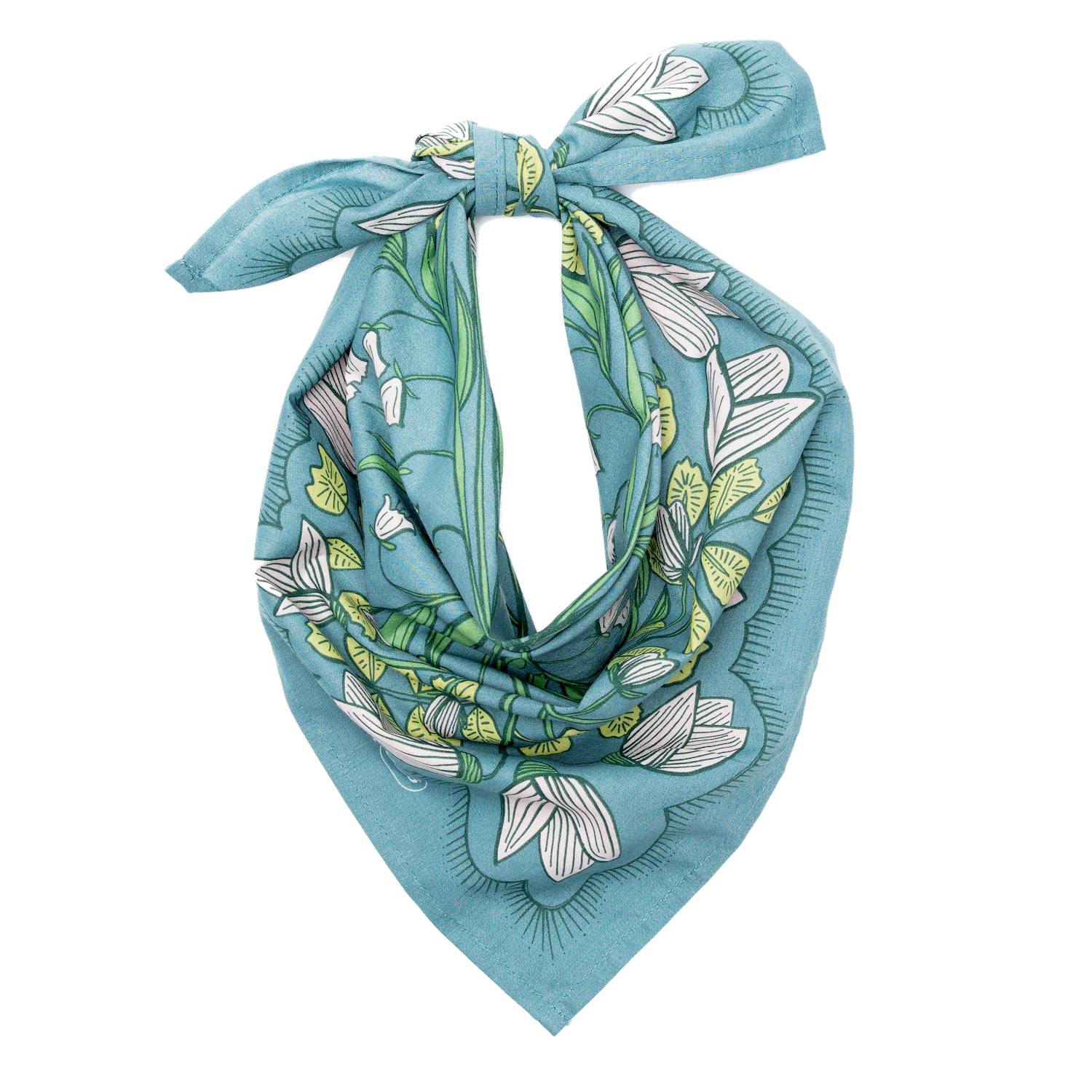 Cassie teal floral cotton bandana tied into a scarf shape, showing the botanical floral print and finished edges.