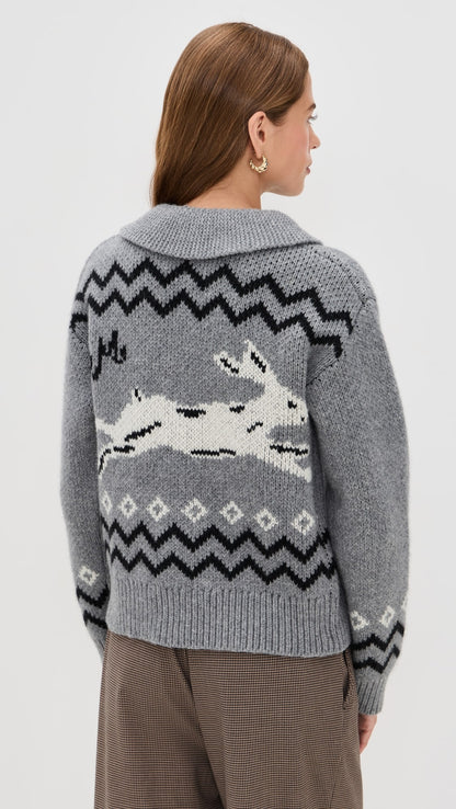 Back view of the grey Cecily Collar Cardigan featuring a statement white intarsia bunny motif.