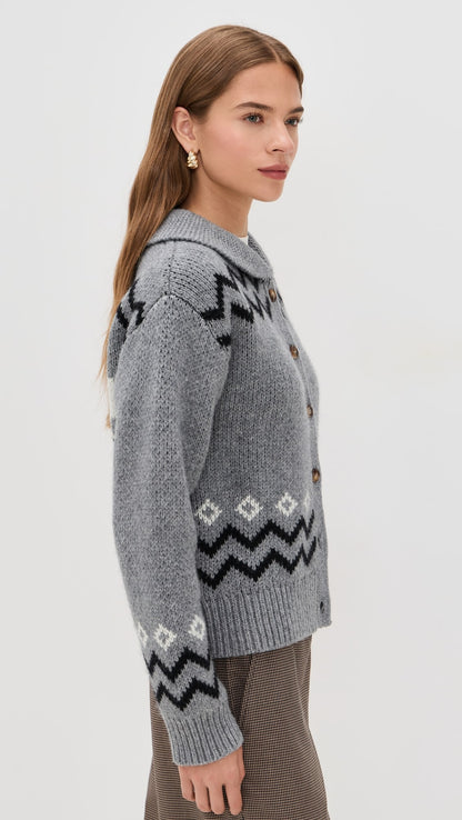 Side view of the Cecily Collar Cardigan in grey featuring patterned knit detailing and Peter Pan collar.