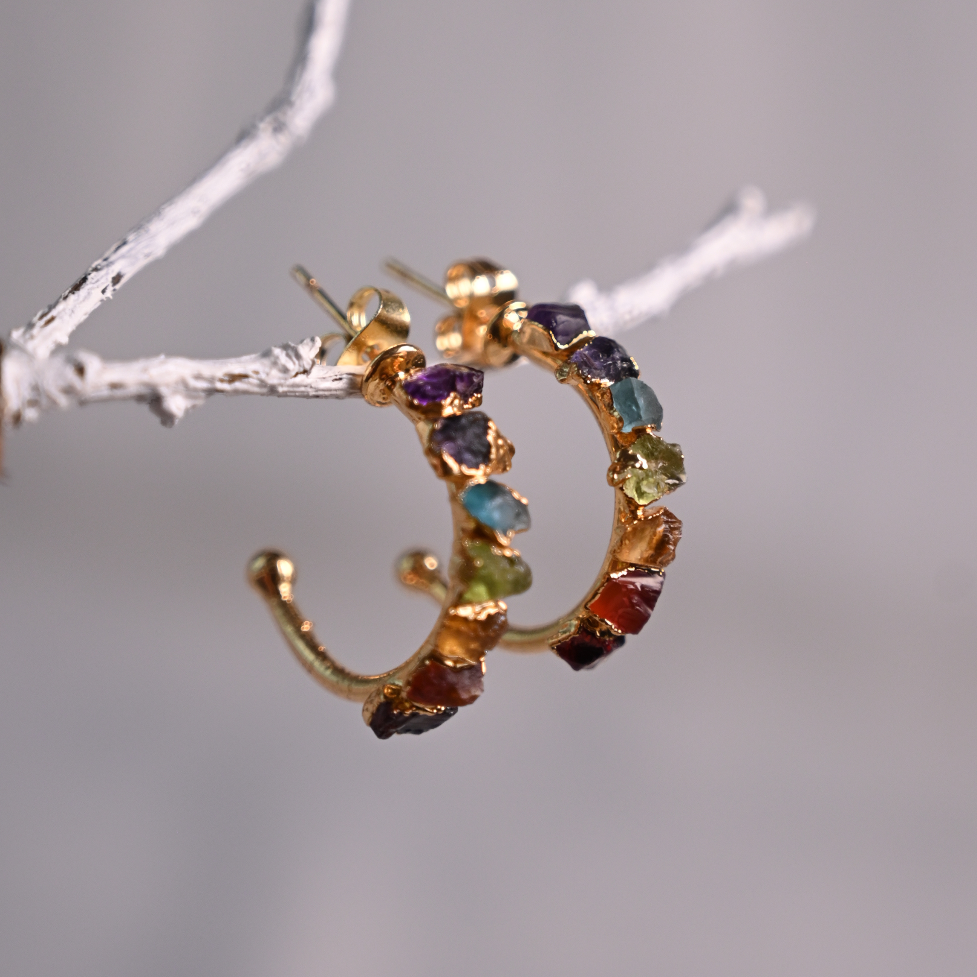 Colorful natural stone chakra hoop earrings displayed on a delicate silver branch.