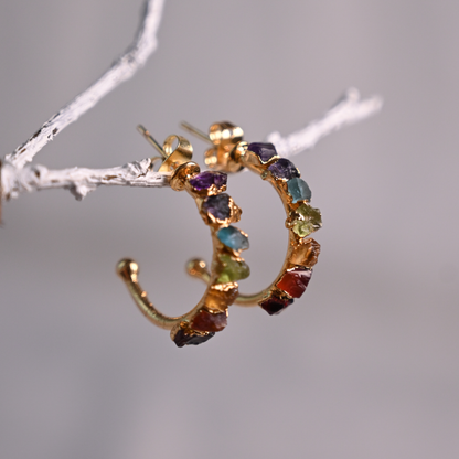 Colorful natural stone chakra hoop earrings displayed on a delicate silver branch.