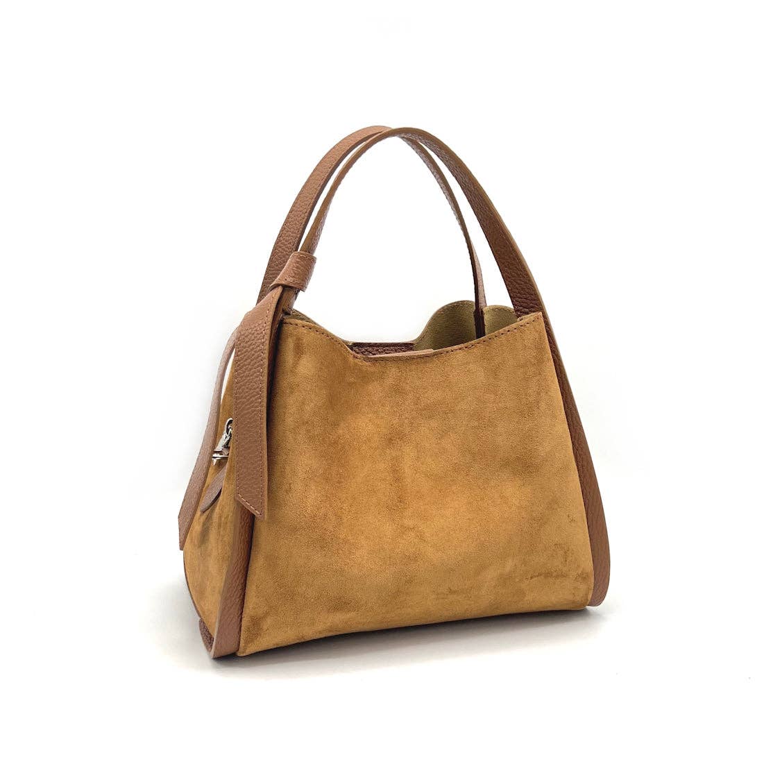Claire camel suede handbag with genuine leather trim, dual top handles, and a detachable shoulder strap.
