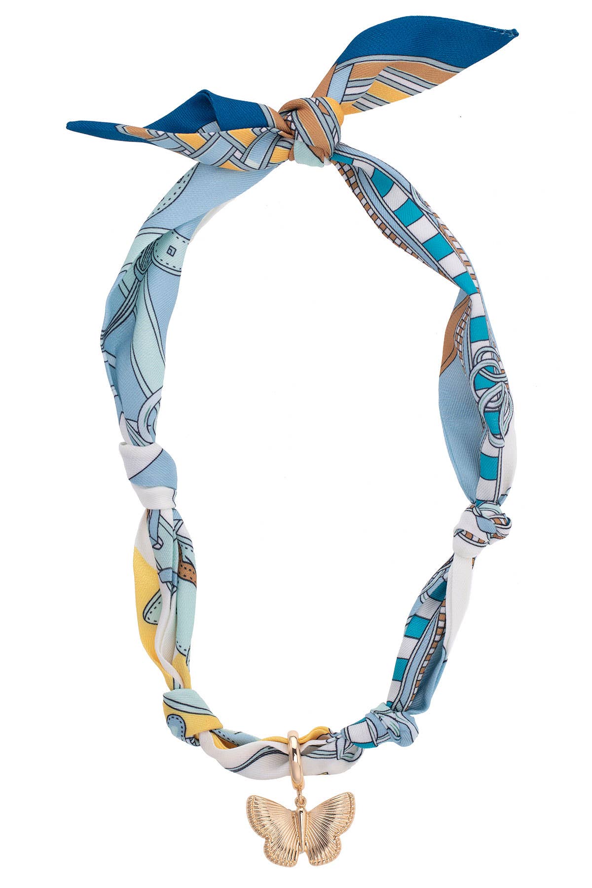 Light blue, white, and yellow printed scarf necklace with a gold-tone butterfly charm and tie closure.