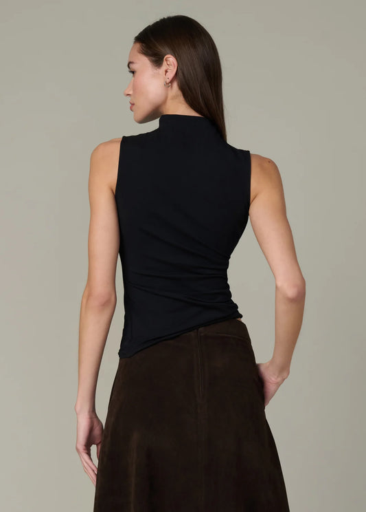 Back view of the black Dove Top featuring a fitted sleeveless silhouette and standing collar.