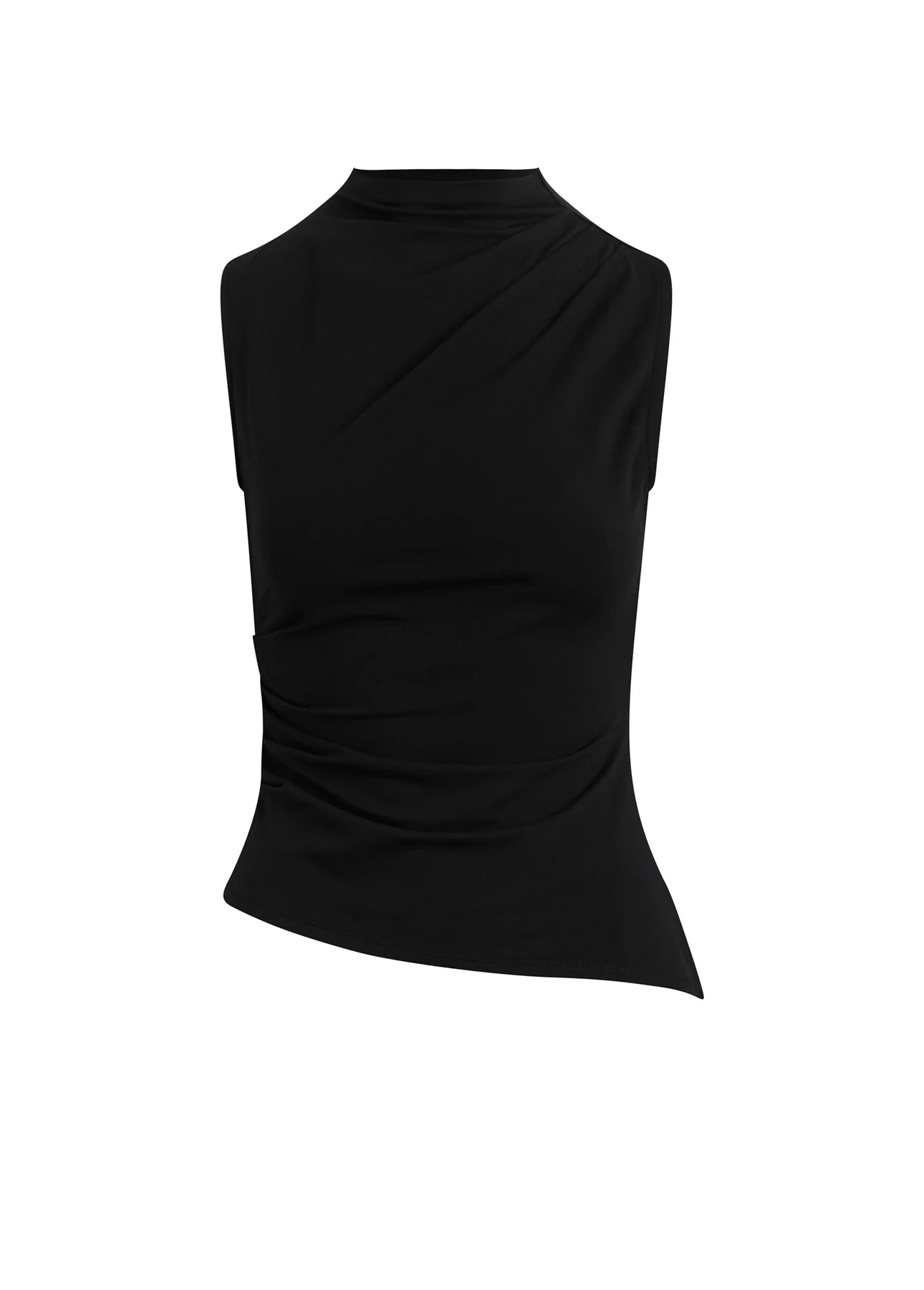 Black Dove Top with asymmetric hem, draped neckline, and fitted sleeveless design on a plain background.
