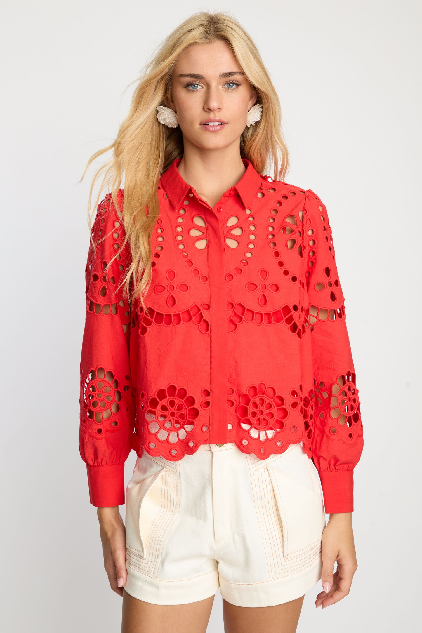 Front view of the Emmie Top in Poppy Red Eyelet Lace featuring broderie anglaise embroidery, scalloped trim, pointed collar, and cropped silhouette.