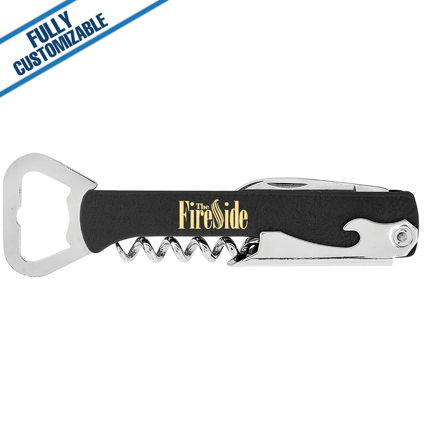Black engraved leatherette bottle and wine opener with stainless steel tools, corkscrew, and custom FireSide logo design.