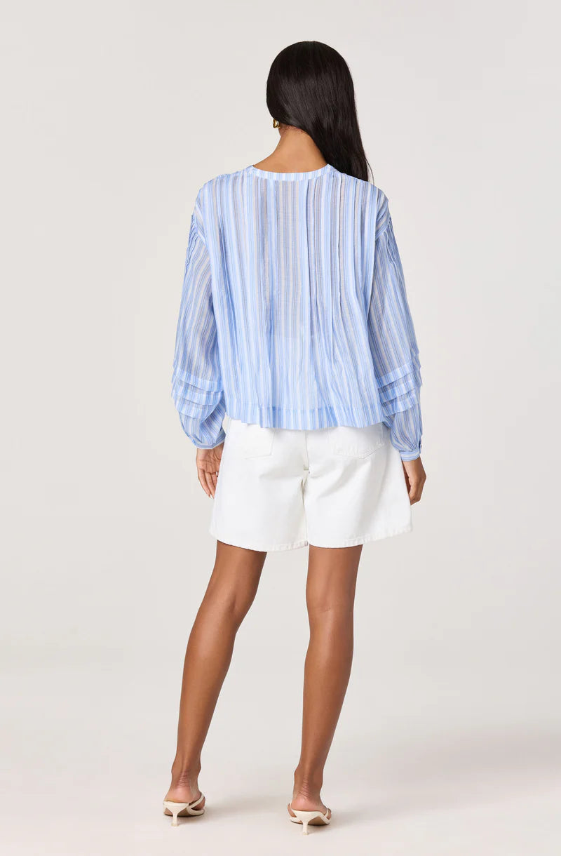 Rear full-length view of the Ericka Top in lightweight blue and white striped woven fabric