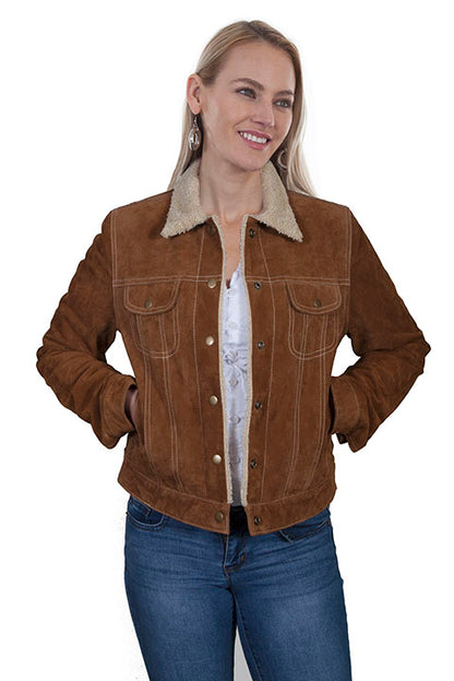 Front view of a woman wearing a brown suede jacket with a faux shearling collar, snap closure, and chest pockets.