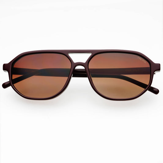 Front view of Fenix aviator sunglasses in chocolate acetate with brown gradient lenses and folded temples.