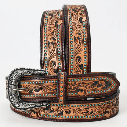 Tooled western leather belt with floral scroll pattern, turquoise stud accents, and engraved silver-tone buckle displayed in a wrapped styling view.
