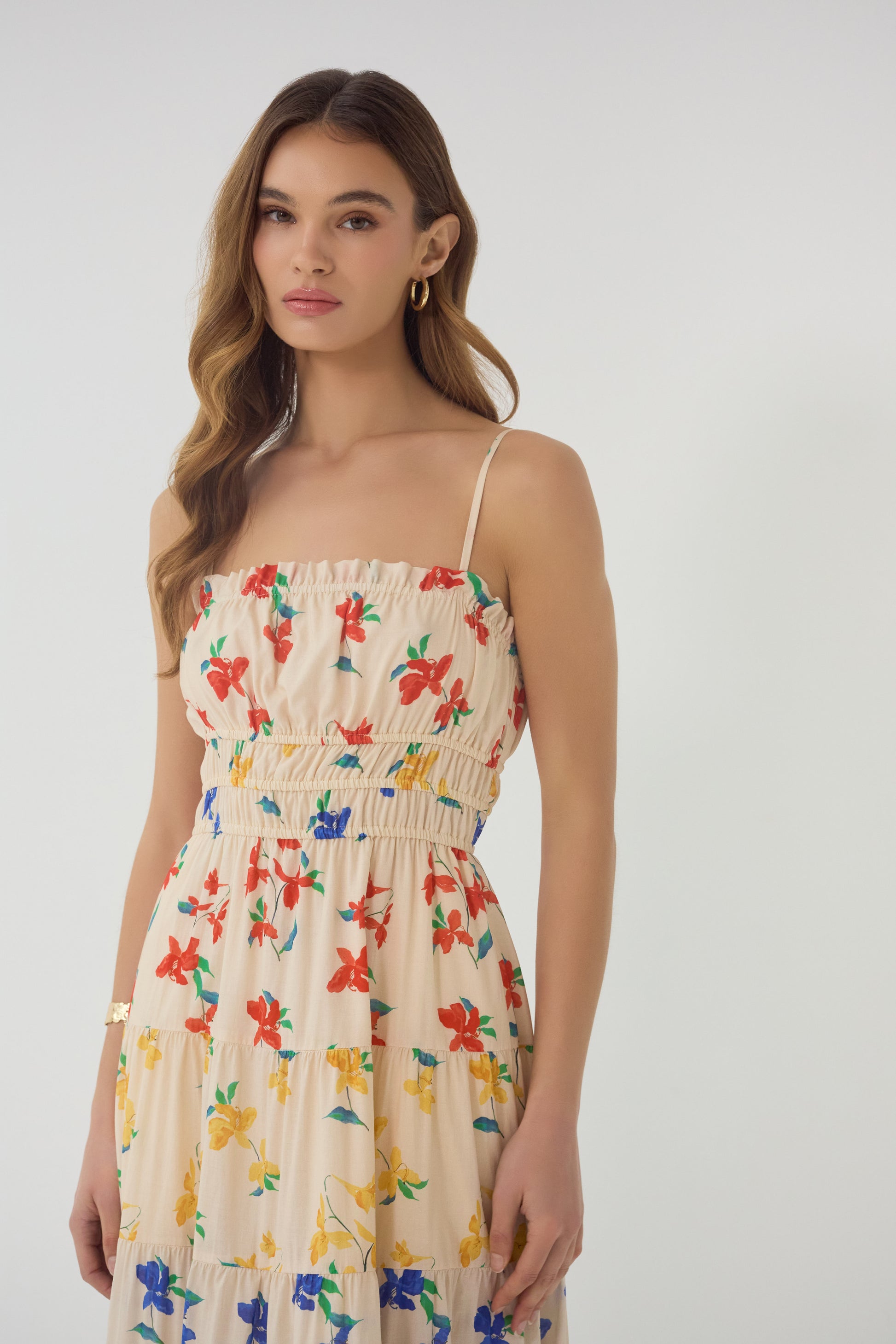 Close-up of Flynn Dress featuring smocked bodice adjustable straps and multicolor floral print on lightweight fabric