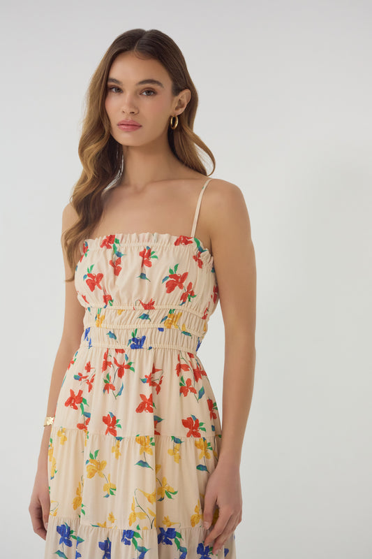 Close-up of Flynn Dress featuring smocked bodice adjustable straps and multicolor floral print on lightweight fabric