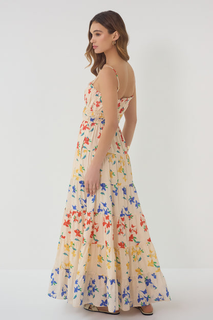 Side view of Flynn Dress showing tiered skirt flow and relaxed silhouette in multicolor floral print