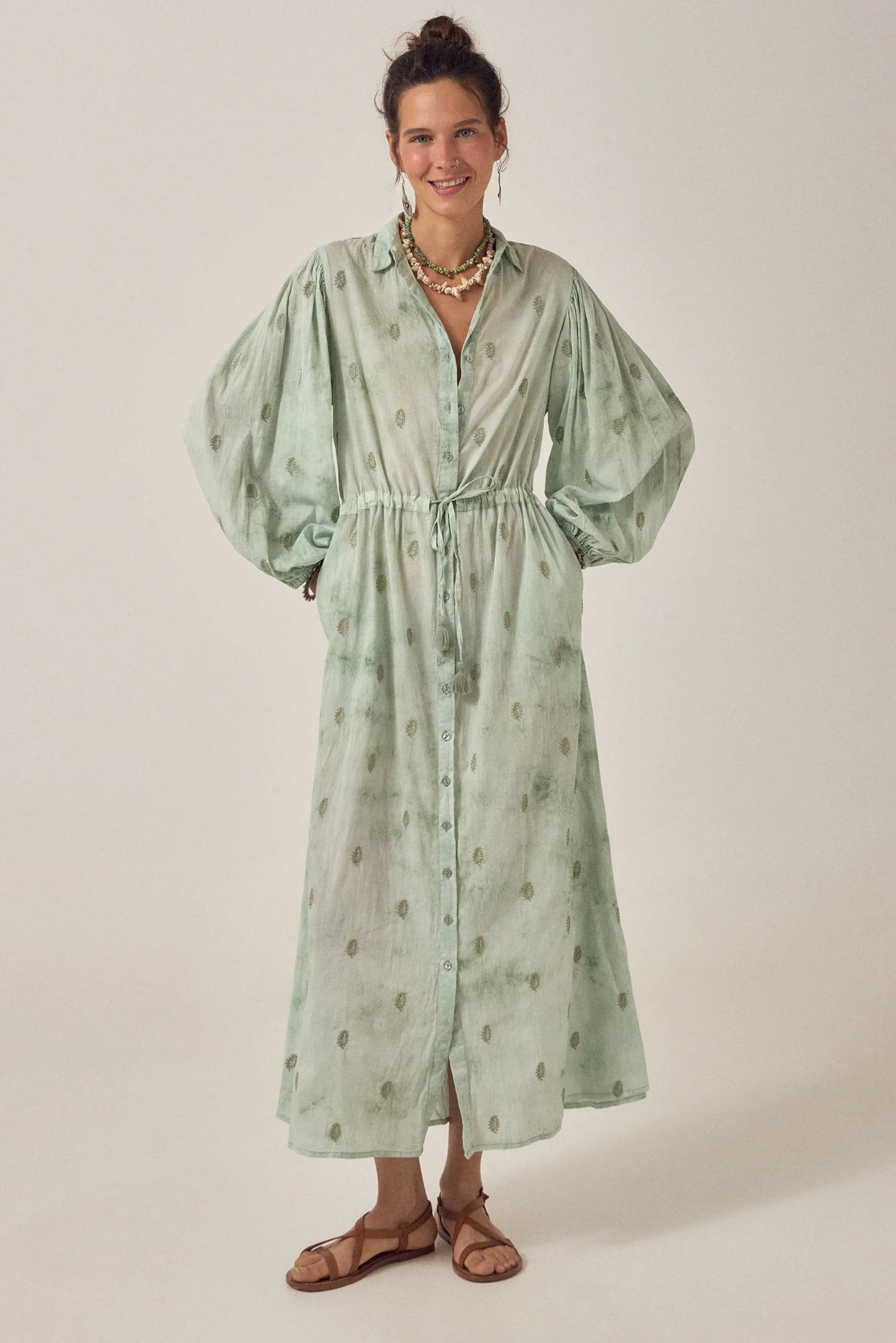 Front view of the Freya Dress in Mineral Waves, a long-sleeve jade shirt dress with button-down front, drawstring waist, and relaxed silhouette.